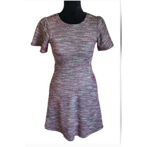 Loft pink tweed midi fit & flare dress w/ pockets short sleeves, size 0